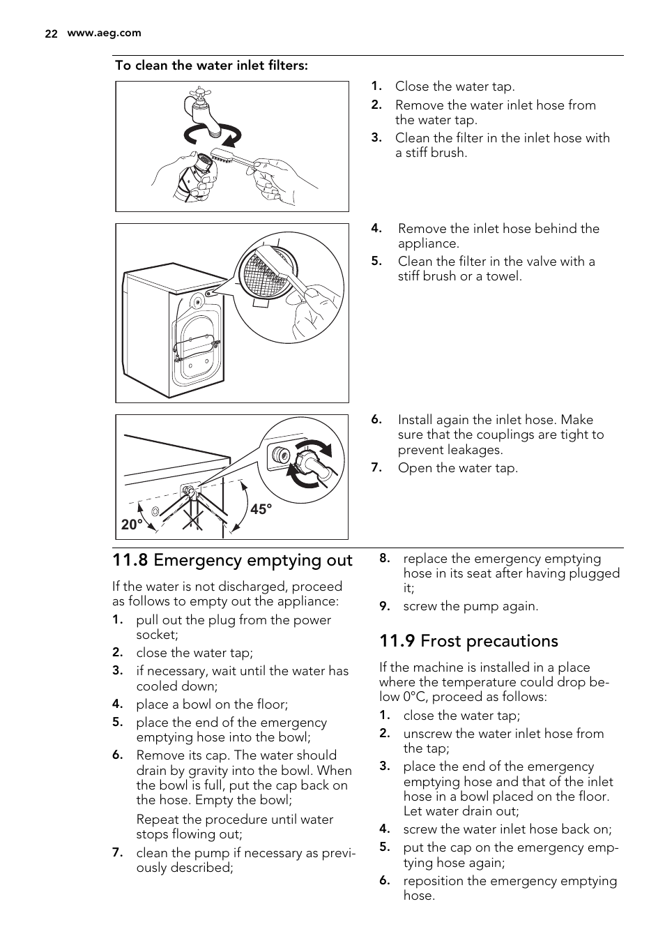 8 emergency emptying out, 9 frost precautions | AEG L61470BI User Manual | Page 22 / 36