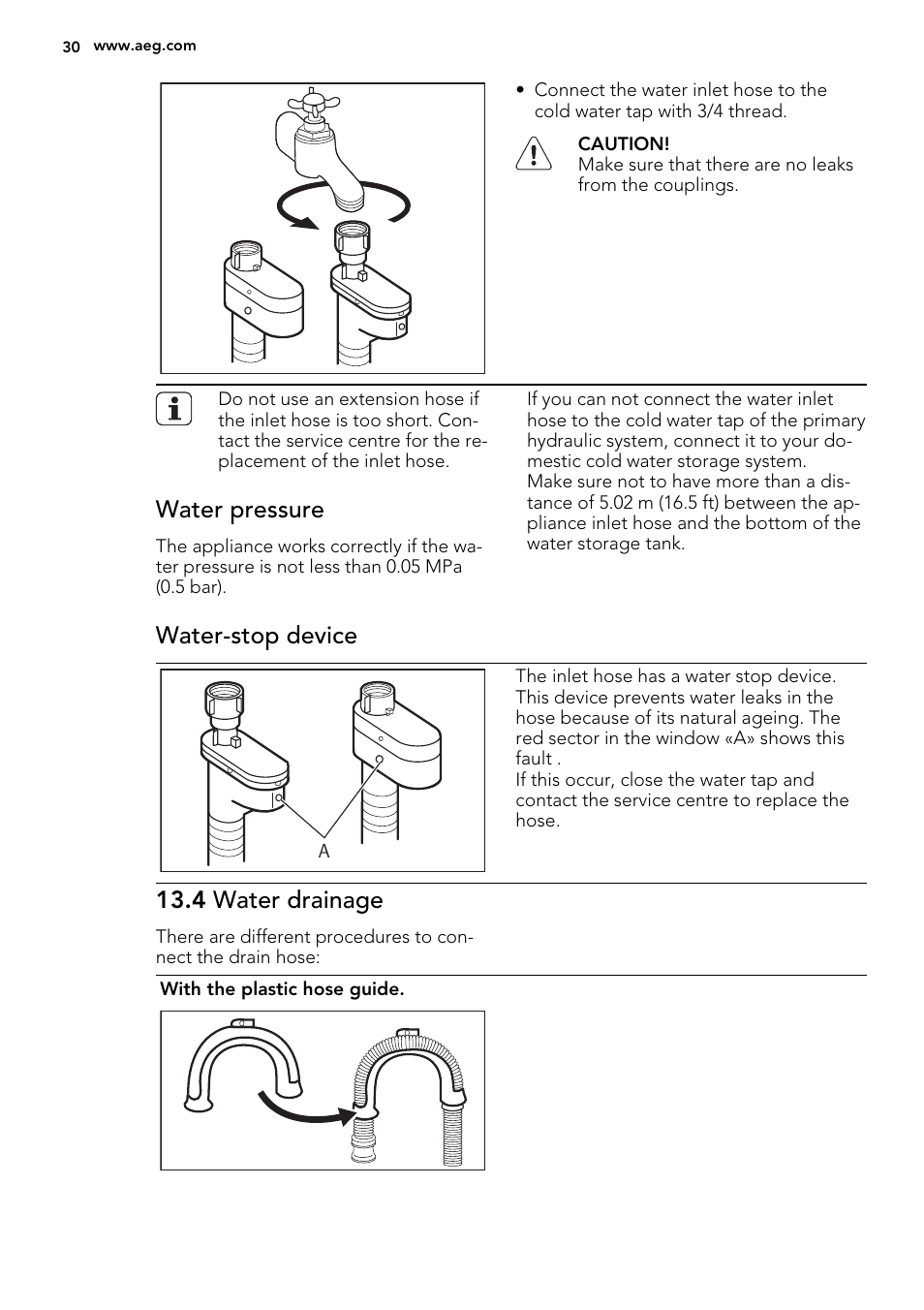 Water pressure, Water-stop device, 4 water drainage | AEG L61470BI User Manual | Page 30 / 36