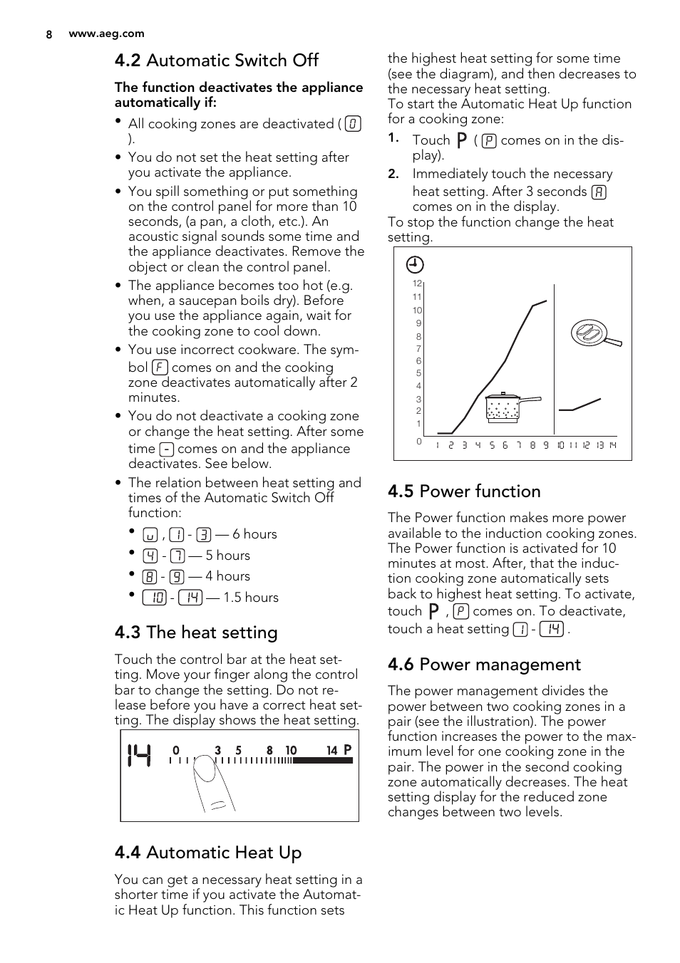 2 automatic switch off, 3 the heat setting, 4 automatic heat up | 5 power function, 6 power management | AEG HK874400FB User Manual | Page 8 / 20