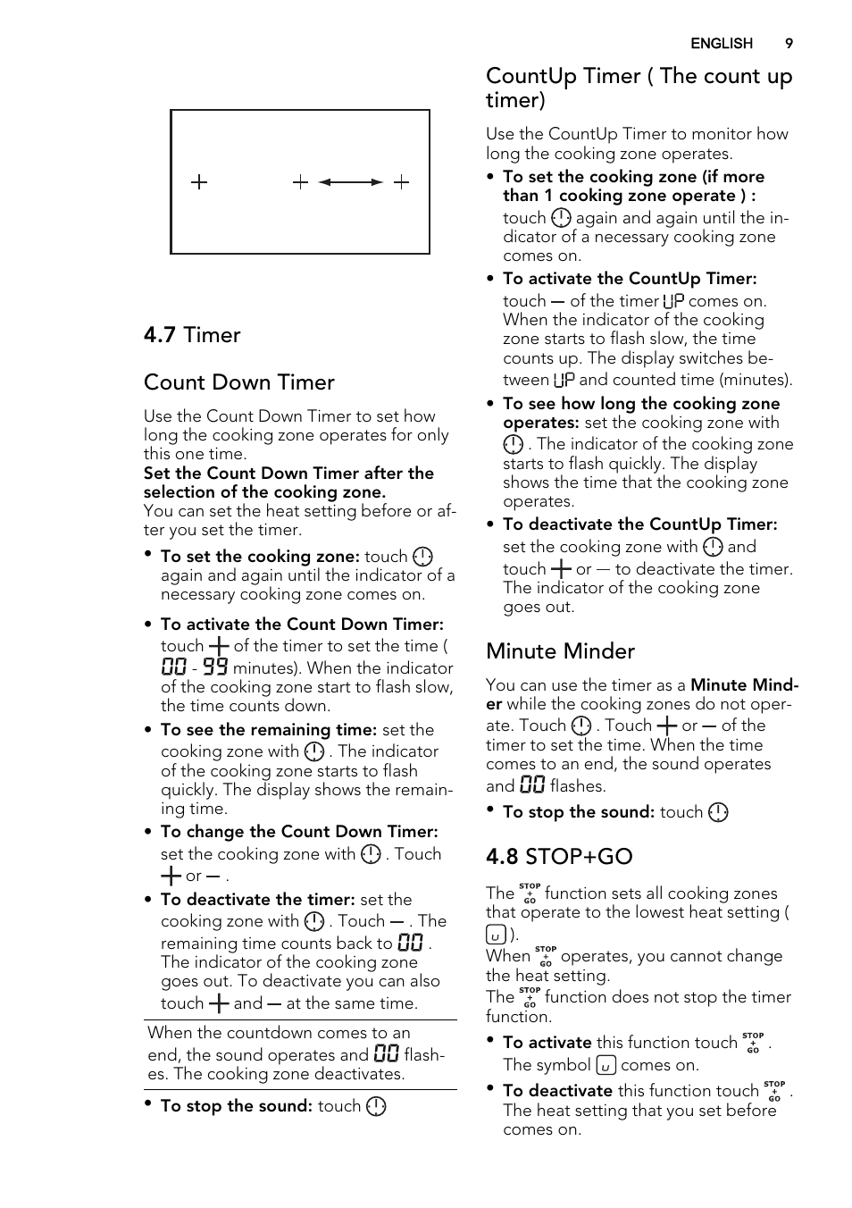 7 timer count down timer, Countup timer ( the count up timer), Minute minder | 8 stop+go | AEG HK874400FB User Manual | Page 9 / 20
