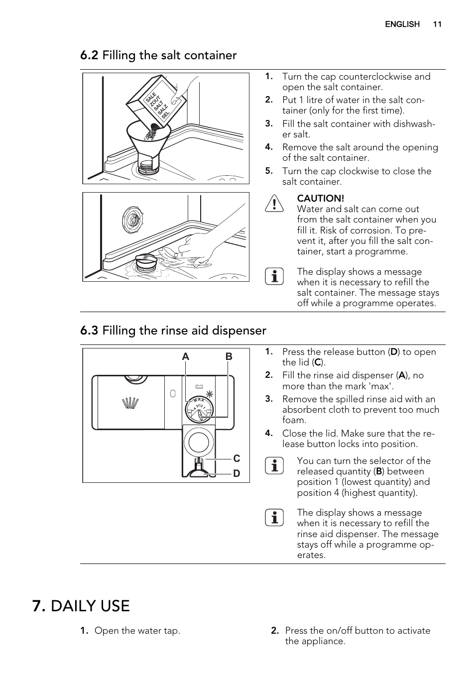 Daily use, 2 filling the salt container, 3 filling the rinse aid dispenser | AEG FAVORIT 99015 VI0P User Manual | Page 11 / 20