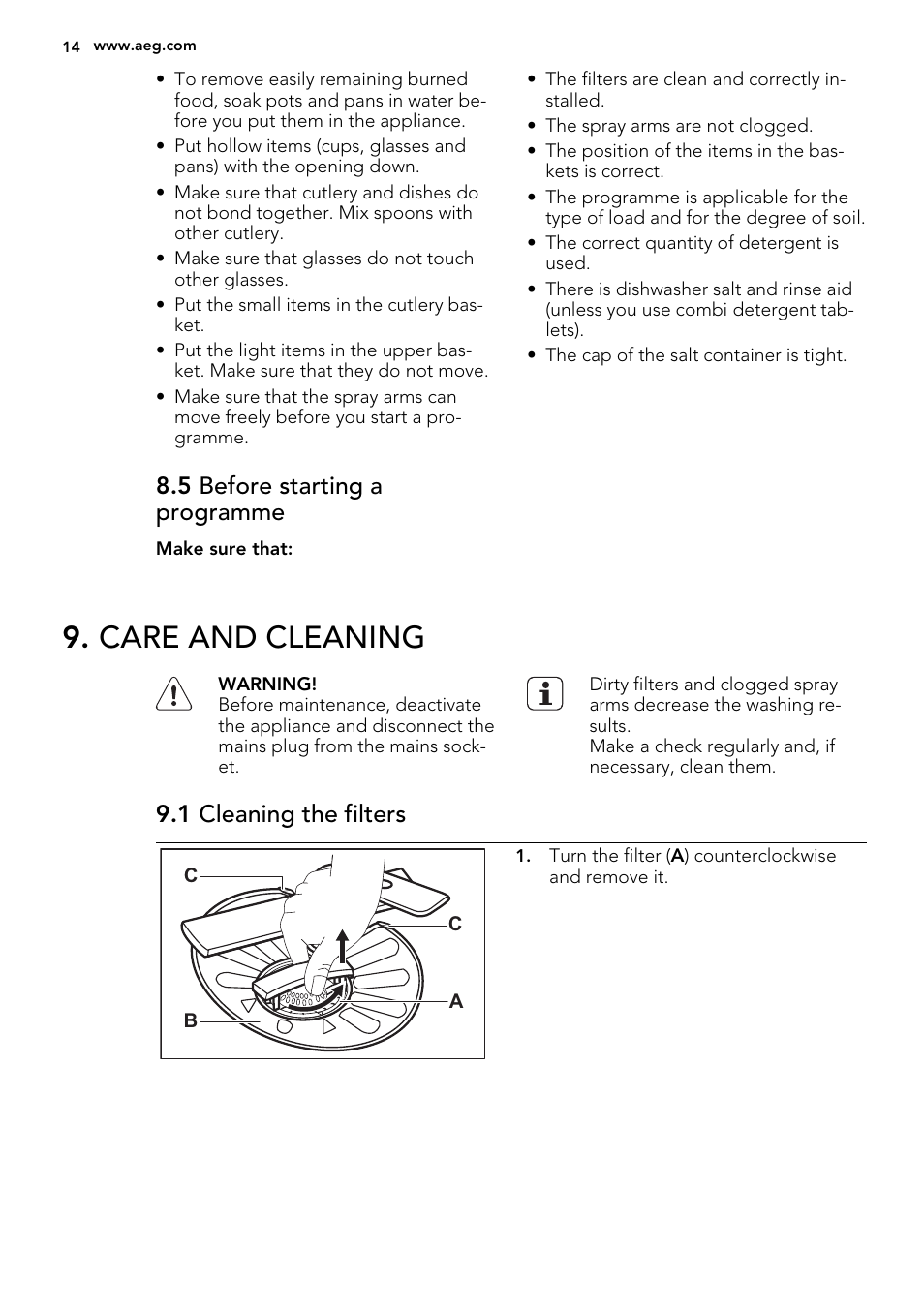 Care and cleaning, 5 before starting a programme, 1 cleaning the filters | AEG FAVORIT 99015 VI0P User Manual | Page 14 / 20