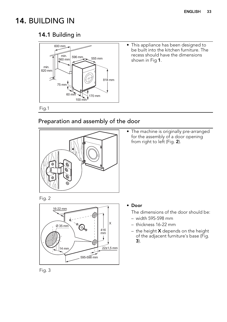 Building in, 1 building in, Preparation and assembly of the door | AEG L61470BI User Manual | Page 33 / 36