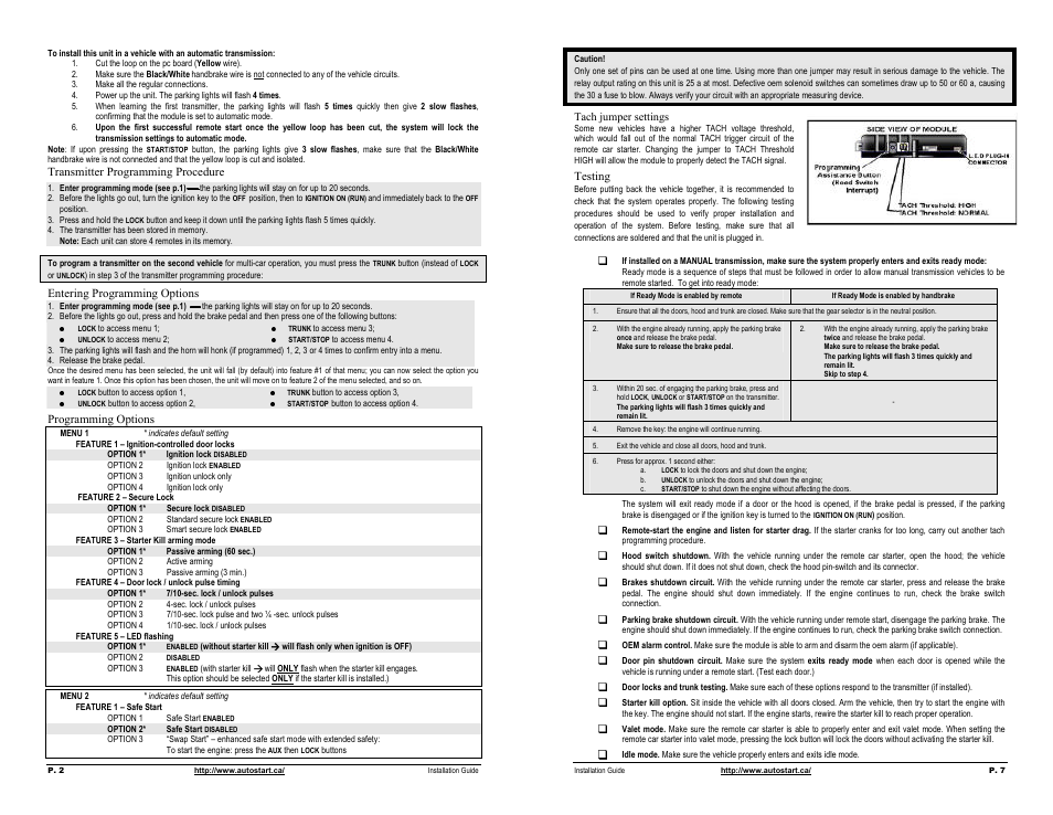 Transmitter programming procedure, Entering programming options, Programming options | Tach jumper settings, Testing | Autostart AS-3372 TW-FM User Manual | Page 2 / 4