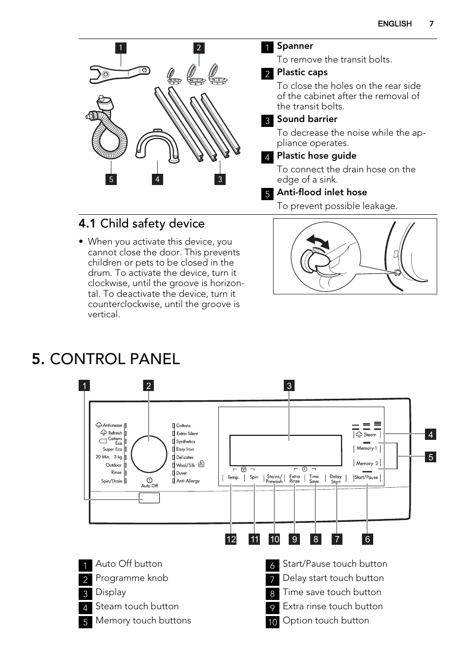 Control panel, 1 child safety device | AEG L61271WDBI User Manual | Page 7 / 40