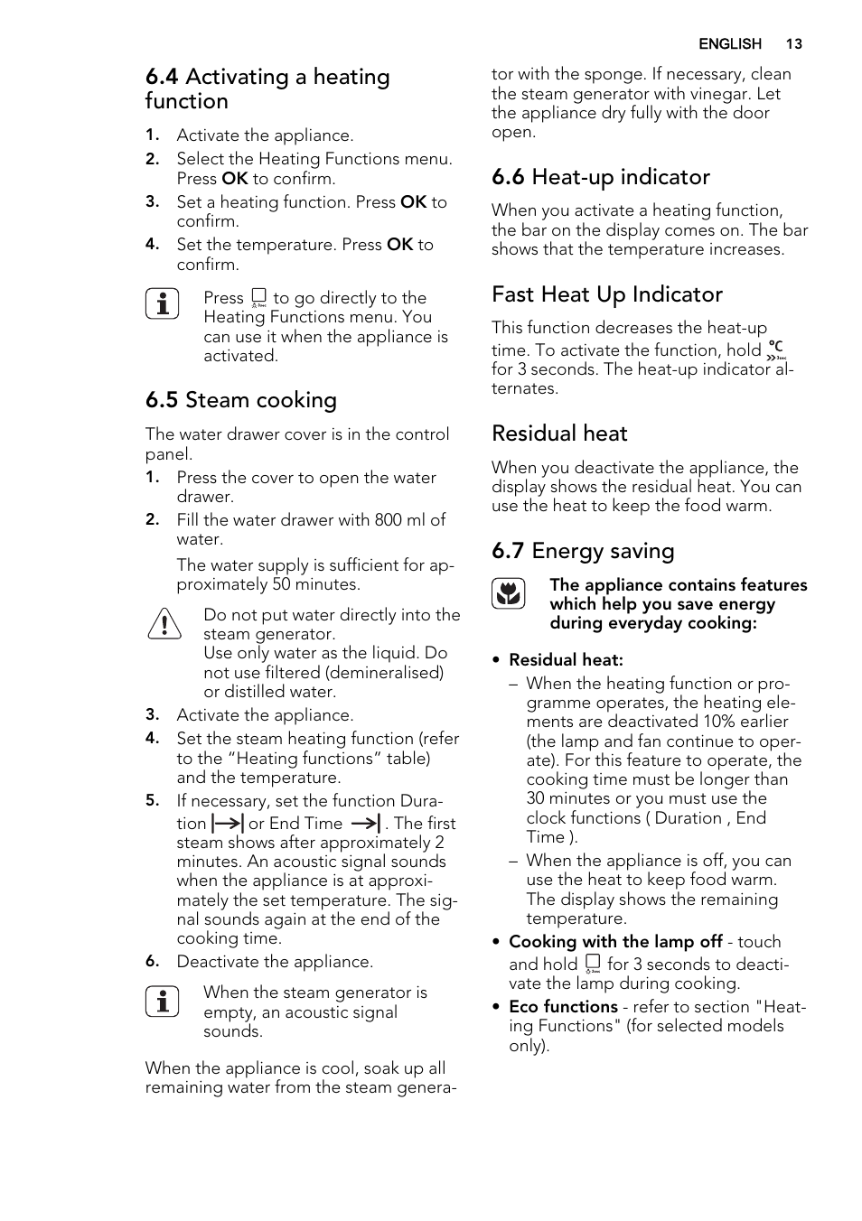 4 activating a heating function, 5 steam cooking, 6 heat-up indicator | Fast heat up indicator, Residual heat, 7 energy saving | AEG BS8314001M User Manual | Page 13 / 52