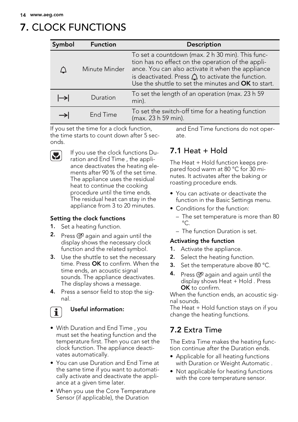 Clock functions, 1 heat + hold, 2 extra time | AEG BS8314001M User Manual | Page 14 / 52