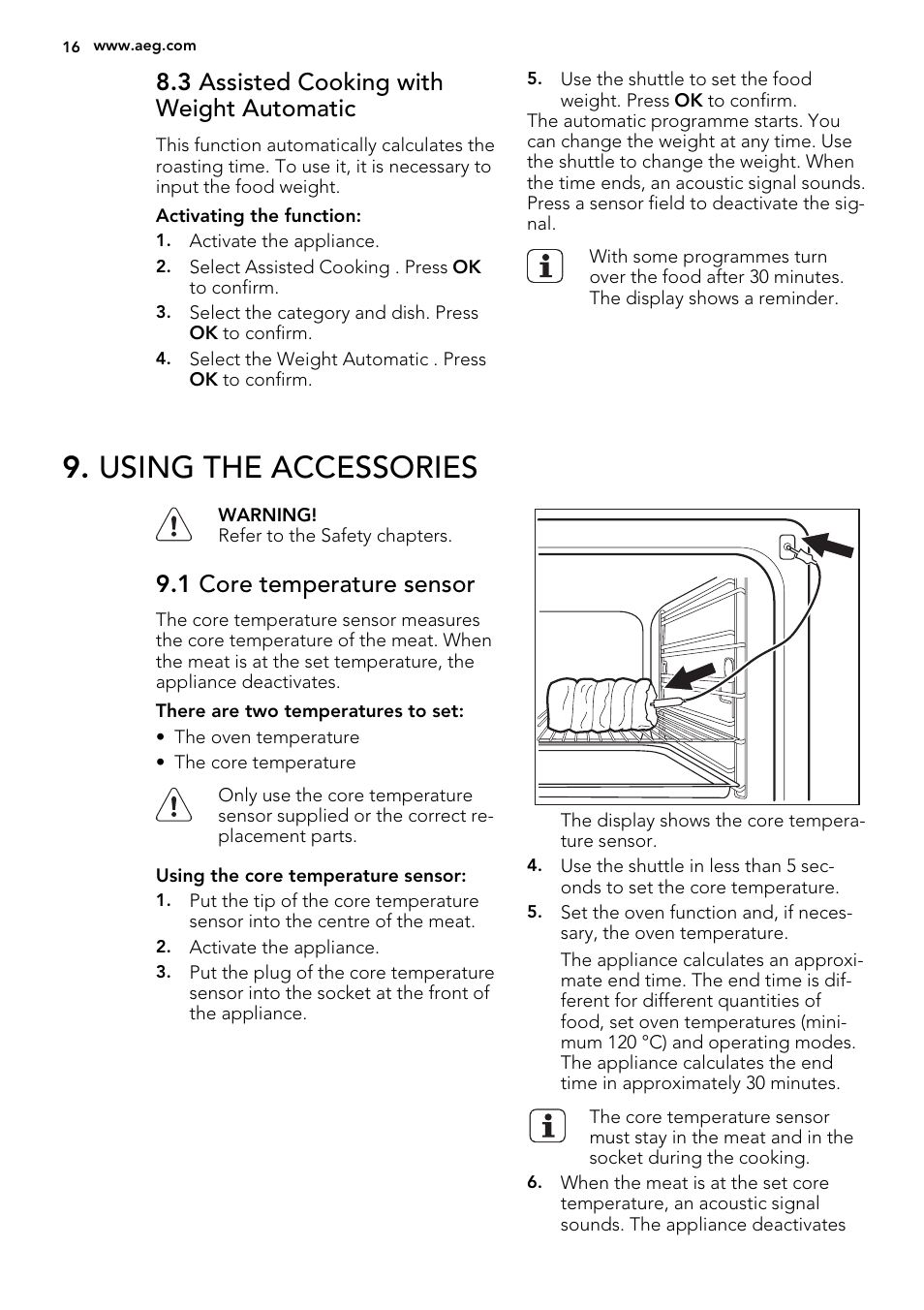 Using the accessories, 3 assisted cooking with weight automatic, 1 core temperature sensor | AEG BS8314001M User Manual | Page 16 / 52