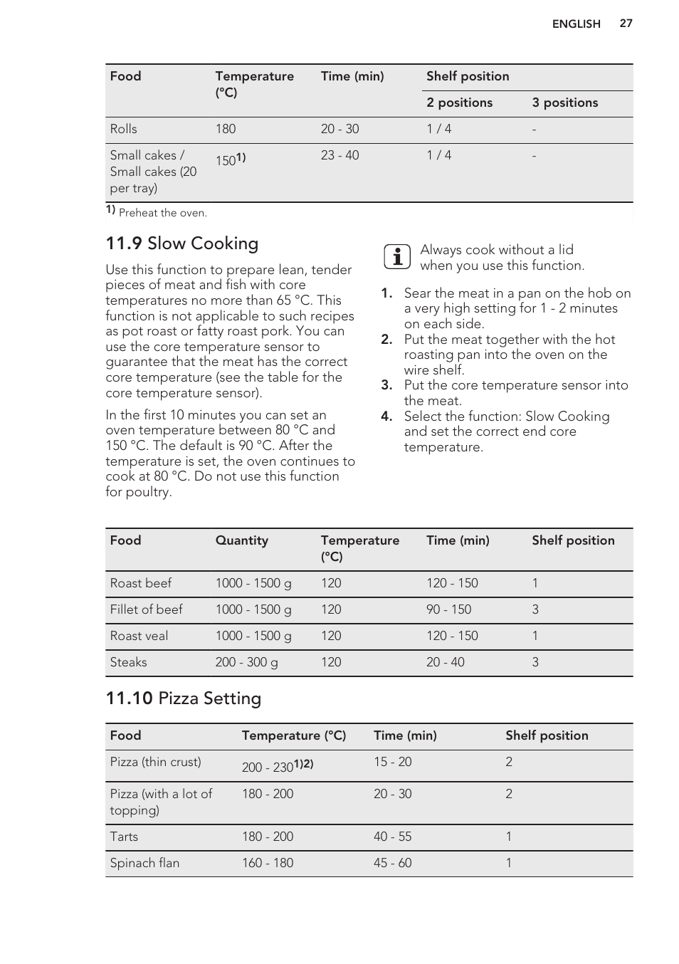 9 slow cooking, 10 pizza setting | AEG BE3003021W User Manual | Page 27 / 44