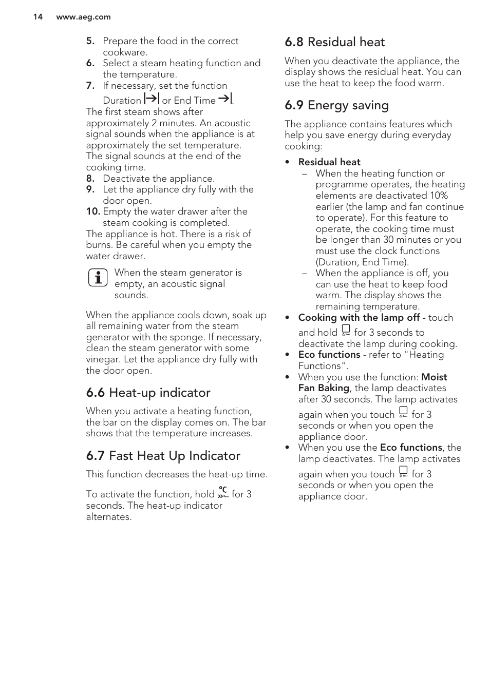 6 heat-up indicator, 7 fast heat up indicator, 8 residual heat | 9 energy saving | AEG BS8314001M User Manual | Page 14 / 48