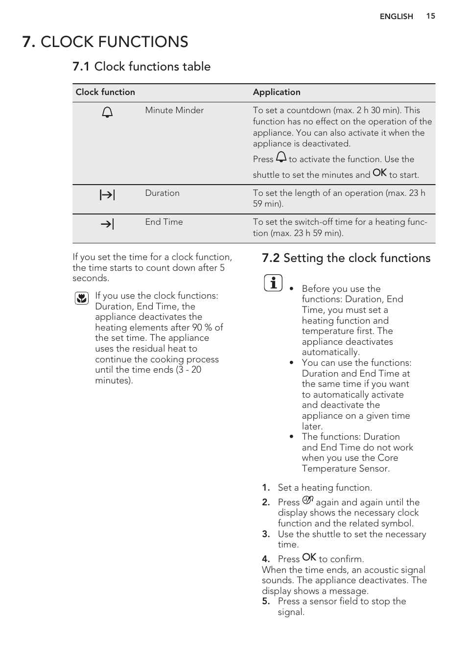 Clock functions, 1 clock functions table, 2 setting the clock functions | AEG BS8314001M User Manual | Page 15 / 48