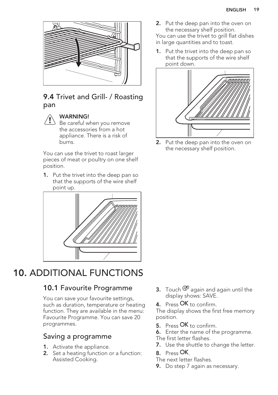 4 trivet and grill- / roasting pan, Additional functions, 1 favourite programme | Saving a programme | AEG BS8314001M User Manual | Page 19 / 48