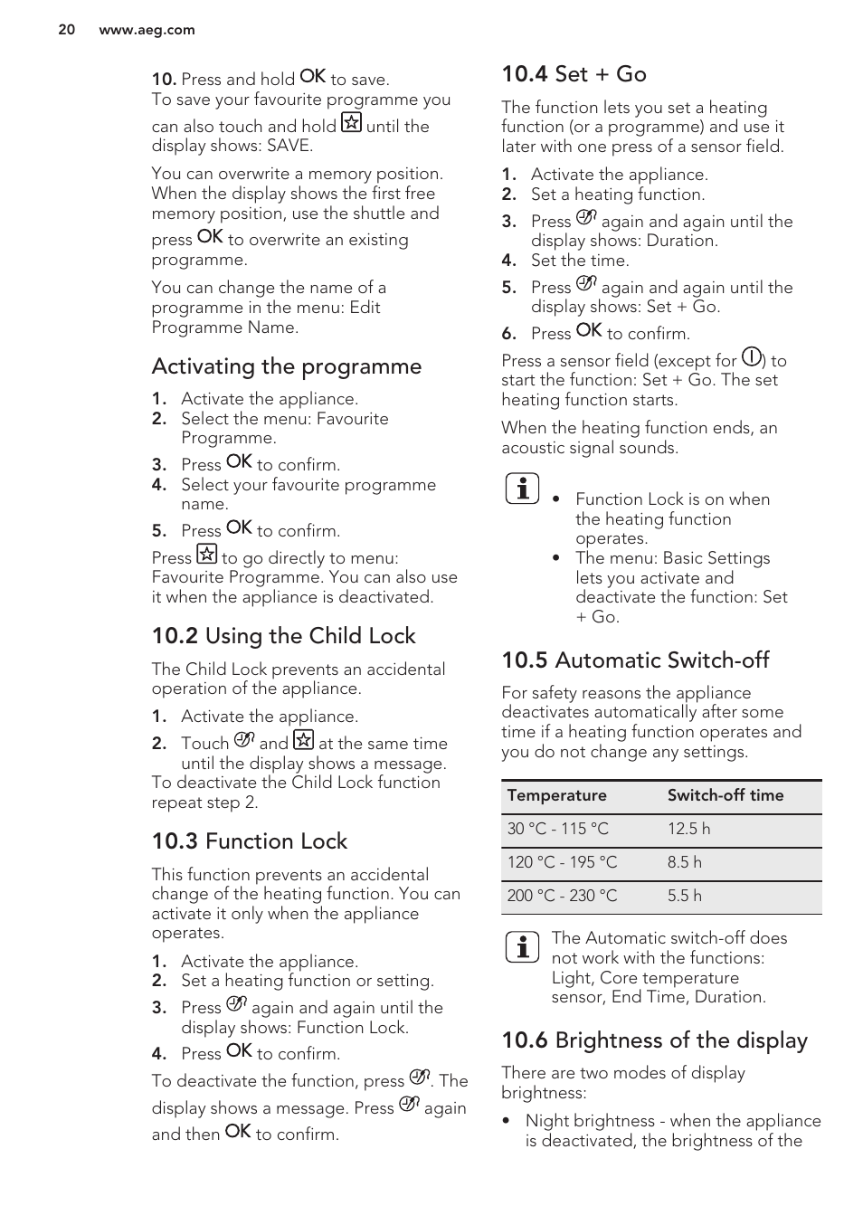 Activating the programme, 2 using the child lock, 3 function lock | 4 set + go, 5 automatic switch-off, 6 brightness of the display | AEG BS8314001M User Manual | Page 20 / 48