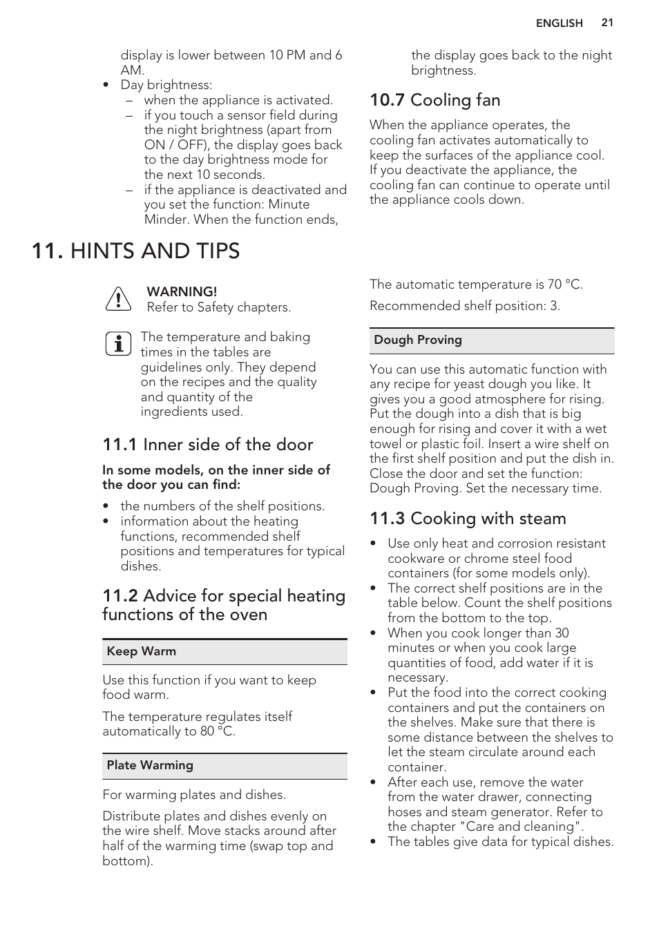 7 cooling fan, Hints and tips, 1 inner side of the door | 2 advice for special heating functions of the oven, 3 cooking with steam | AEG BS8314001M User Manual | Page 21 / 48