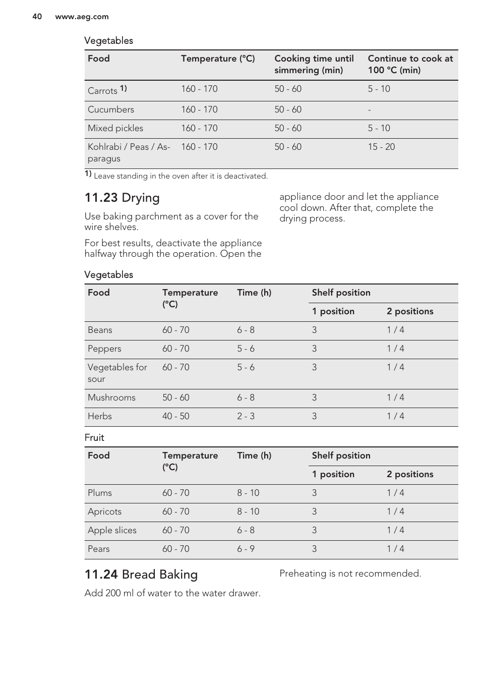 23 drying, 24 bread baking | AEG BS8314001M User Manual | Page 40 / 48