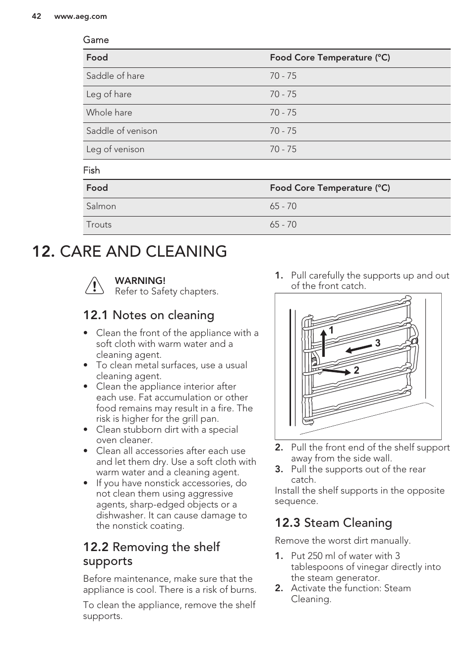 Care and cleaning, 1 notes on cleaning, 2 removing the shelf supports | 3 steam cleaning | AEG BS8314001M User Manual | Page 42 / 48