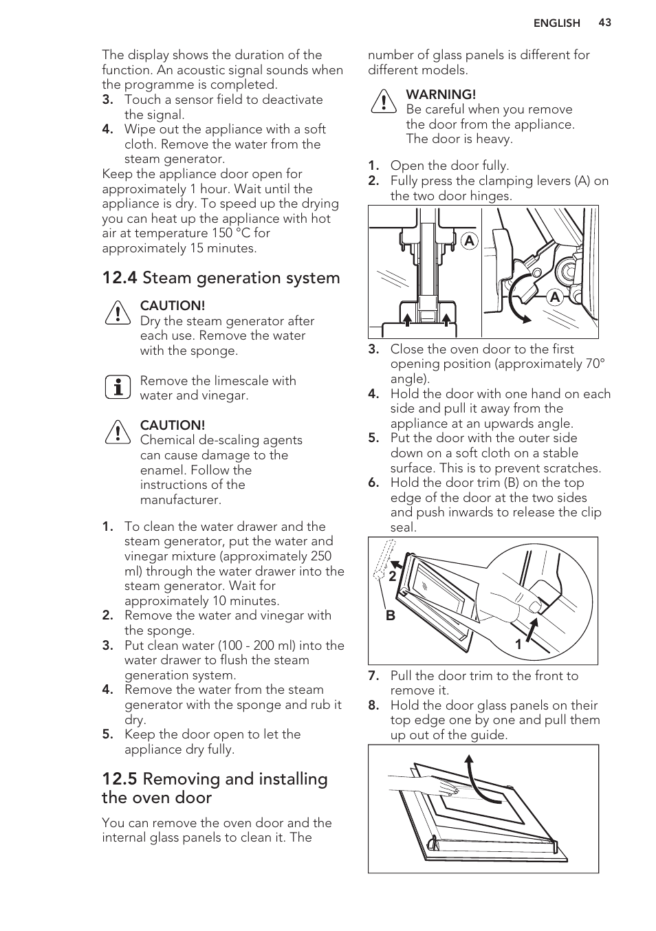 4 steam generation system, 5 removing and installing the oven door | AEG BS8314001M User Manual | Page 43 / 48