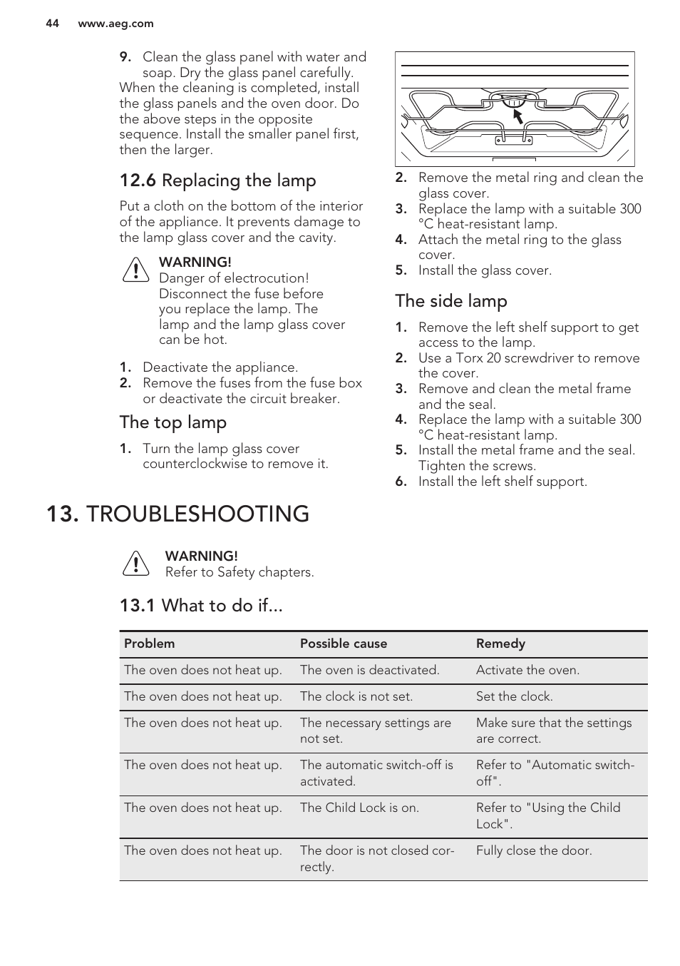 6 replacing the lamp, The top lamp, The side lamp | Troubleshooting, 1 what to do if | AEG BS8314001M User Manual | Page 44 / 48