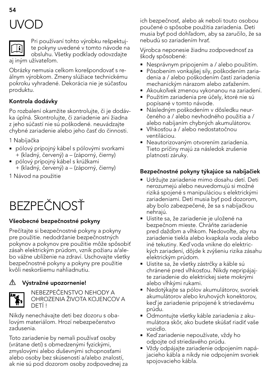 Uvod, Bezpečnosť | AEG Micro-Processor Charging Unit LP 3.8 User Manual | Page 54 / 64