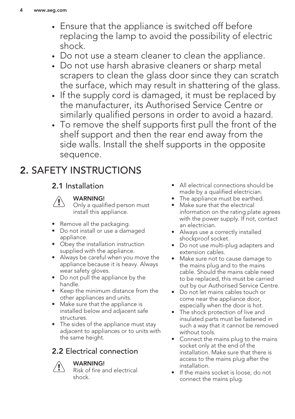 Safety instructions, 1 installation, 2 electrical connection | Do not use a steam cleaner to clean the appliance | AEG KE8404001M User Manual | Page 4 / 24