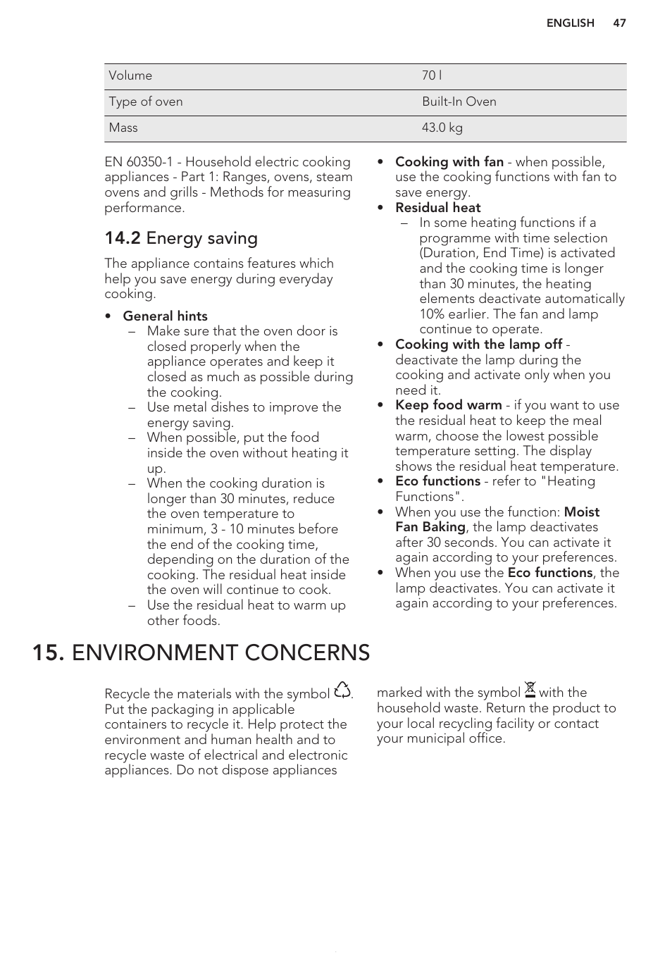 2 energy saving, Environment concerns | AEG BS7304021M User Manual | Page 47 / 48