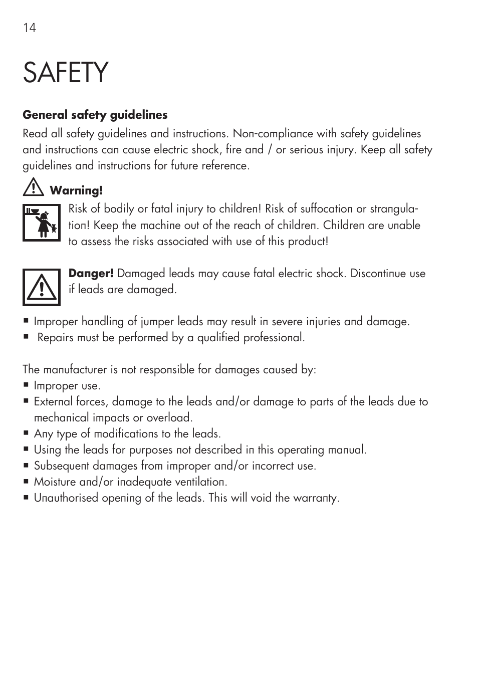 Safety | AEG Safety Jumper Leads SP 25 User Manual | Page 14 / 58