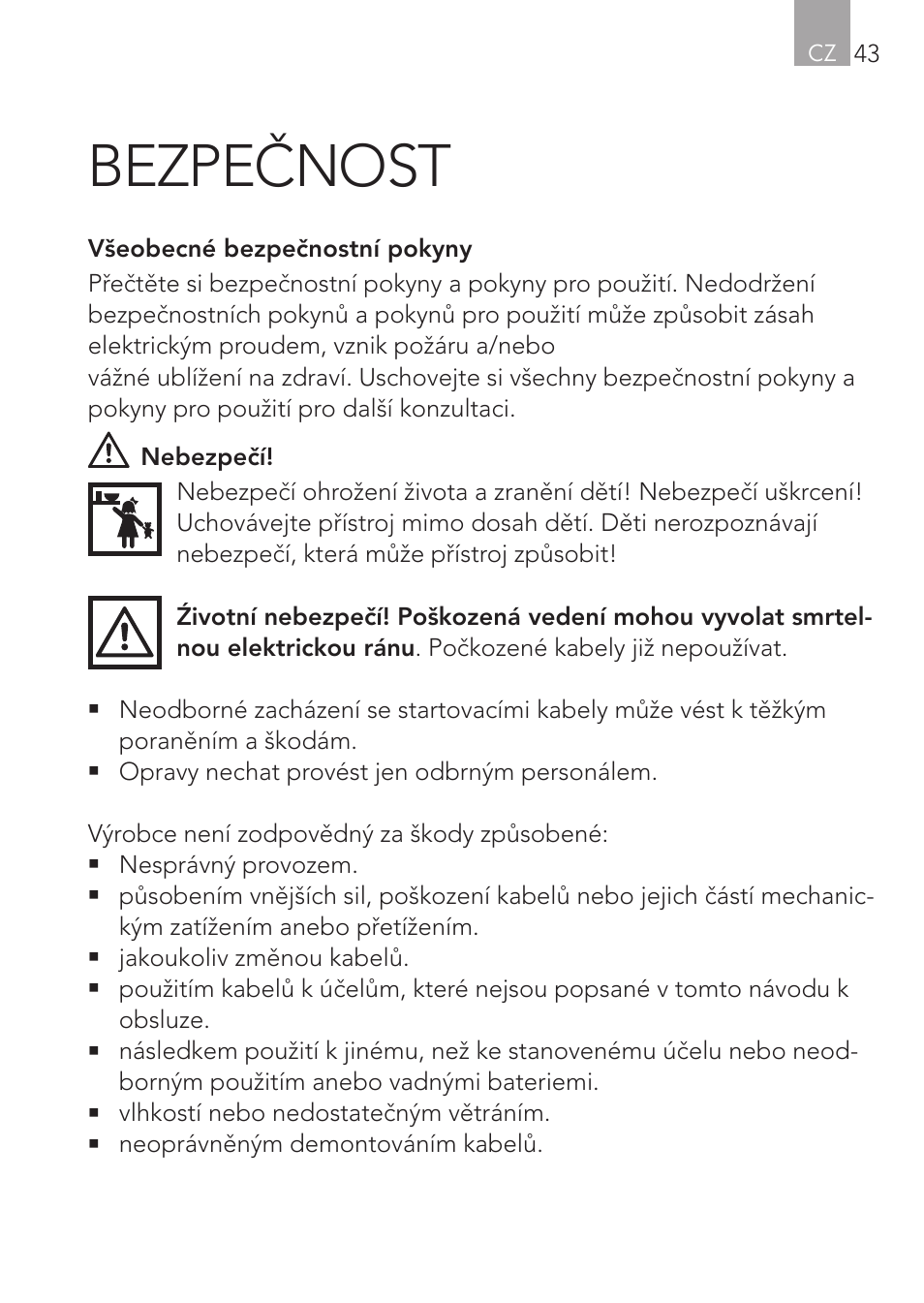 Bezpečnost | AEG Safety Jumper Leads SP 25 User Manual | Page 43 / 58