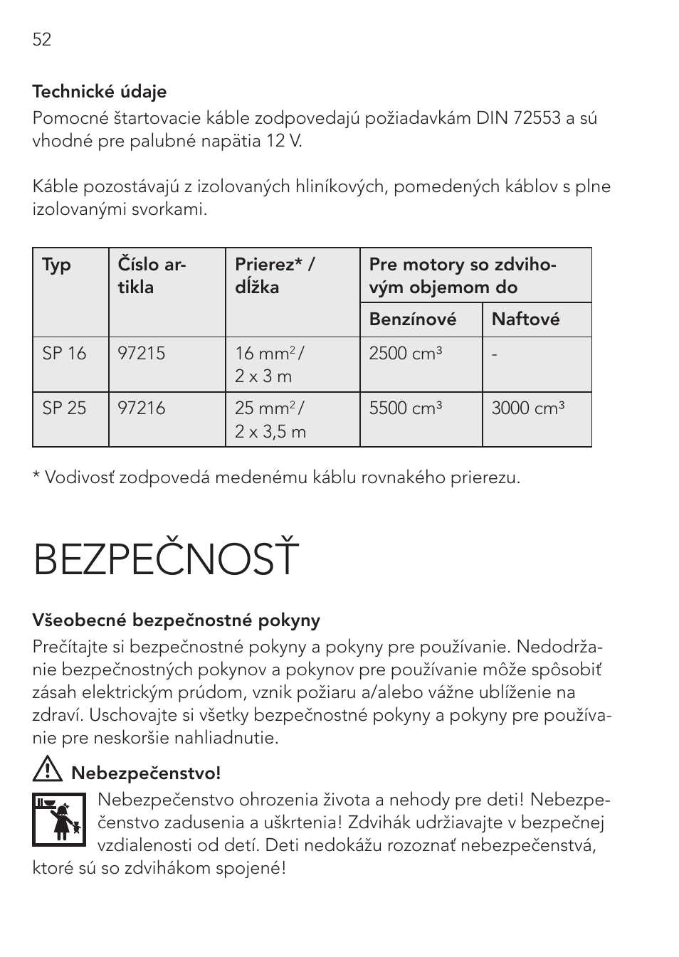 Bezpečnosť | AEG Safety Jumper Leads SP 25 User Manual | Page 52 / 58