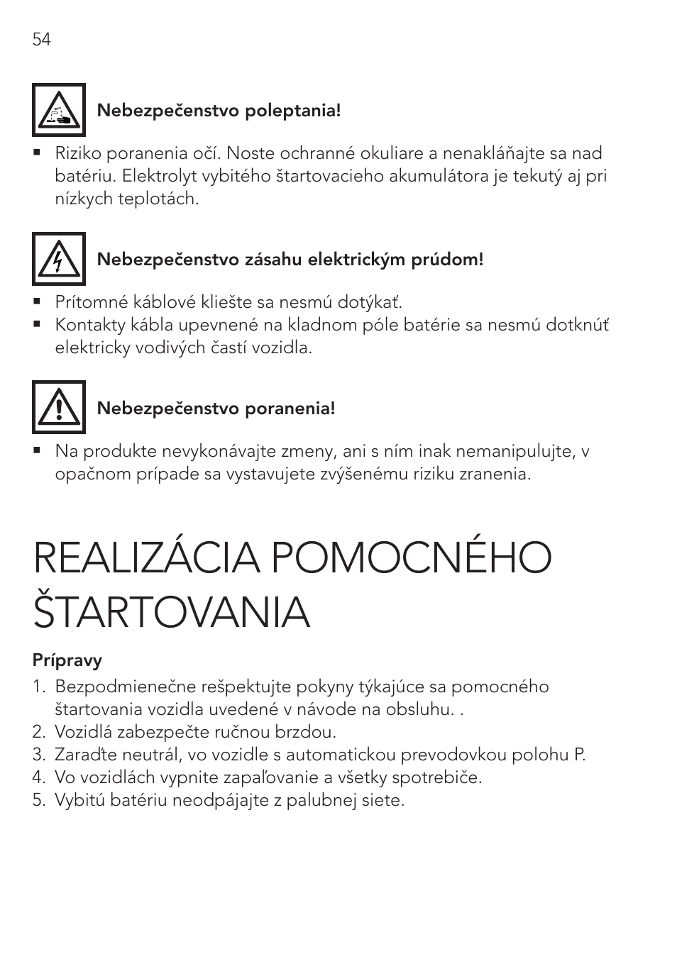 Realizácia pomocného štartovania | AEG Safety Jumper Leads SP 25 User Manual | Page 54 / 58