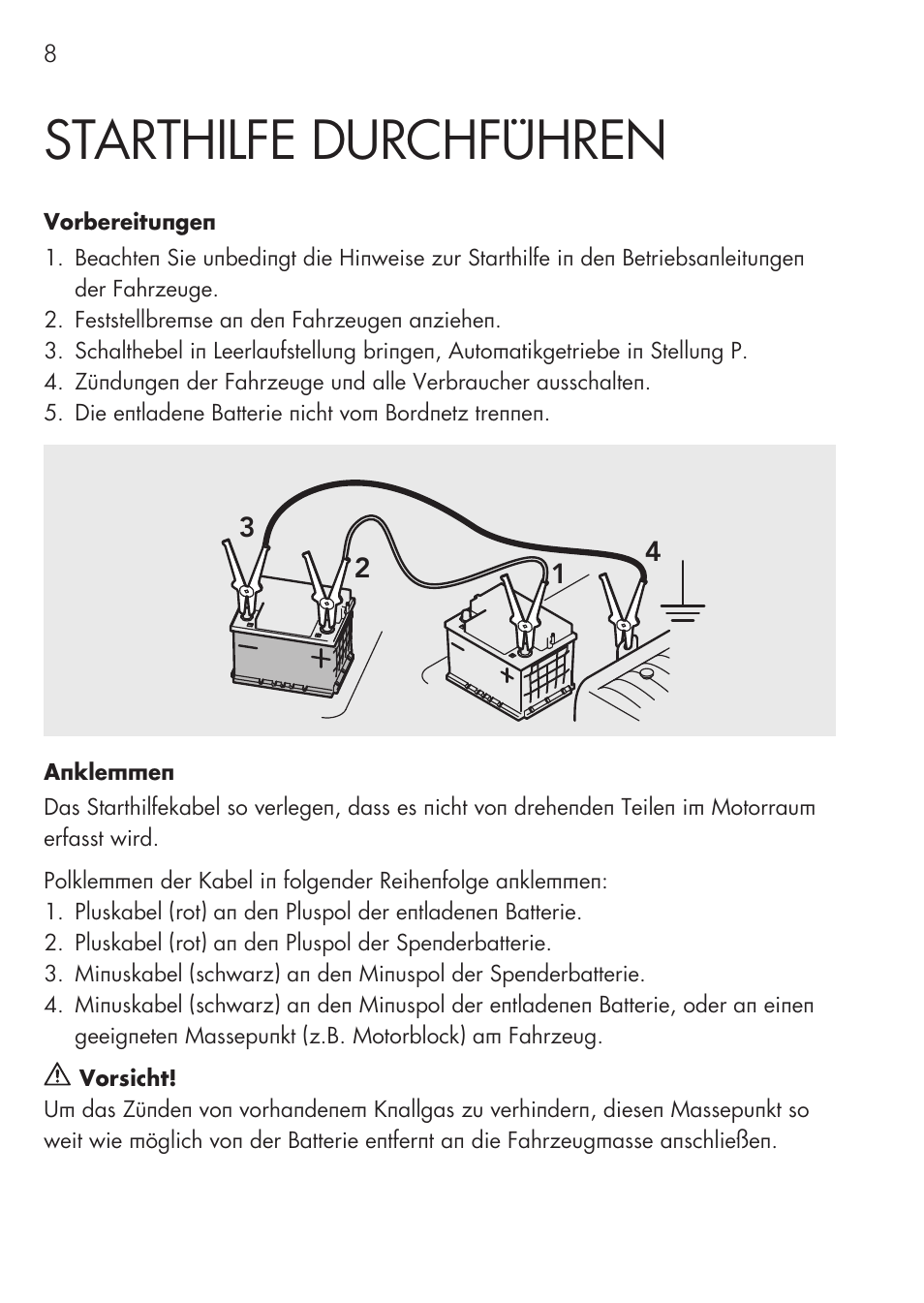 Starthilfe durchführen | AEG Safety Jumper Leads SP 25 User Manual | Page 8 / 58