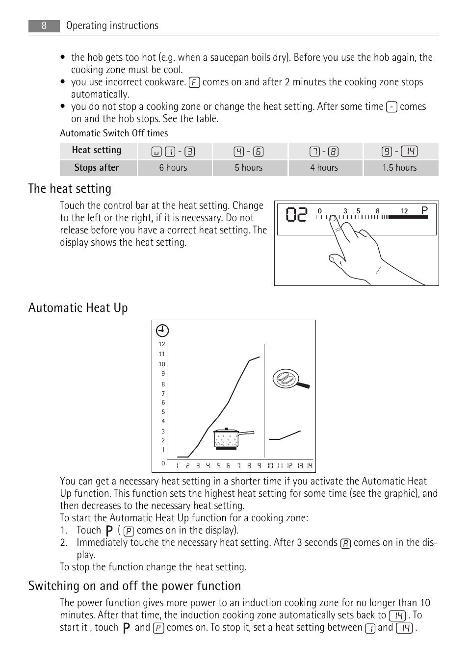 The heat setting, Automatic heat up, Switching on and off the power function | AEG HK654200FB User Manual | Page 8 / 16