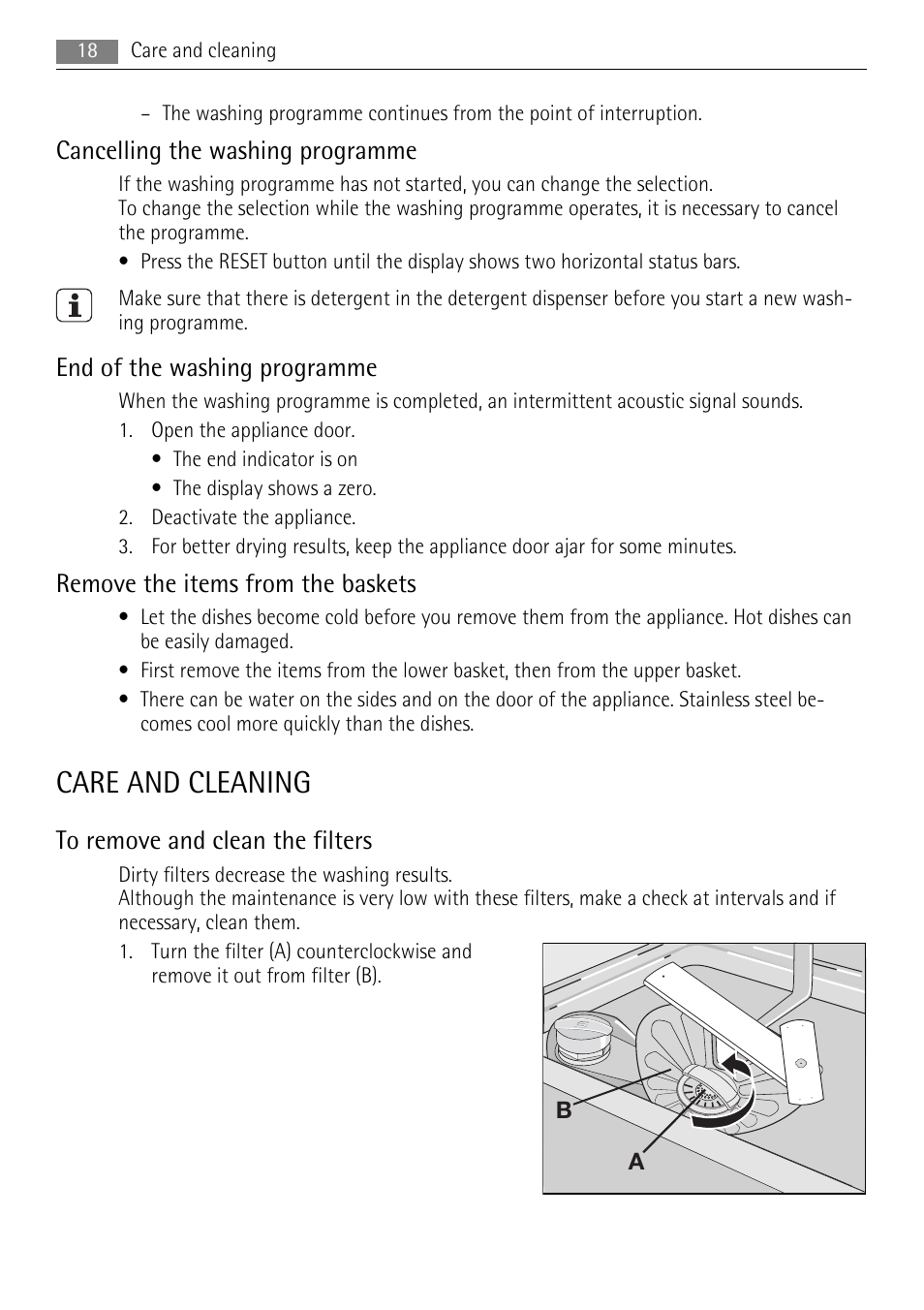 Care and cleaning, Cancelling the washing programme, End of the washing programme | Remove the items from the baskets | AEG F88060VI0P User Manual | Page 18 / 24