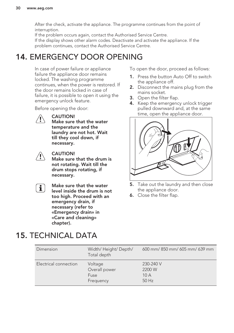 Emergency door opening, Technical data, Emergency door opening 15. technical data | AEG L61271WDBI User Manual | Page 30 / 32