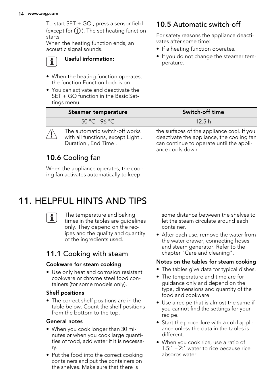 Helpful hints and tips, 5 automatic switch-off, 6 cooling fan | 1 cooking with steam | AEG KE8404001M User Manual | Page 14 / 32