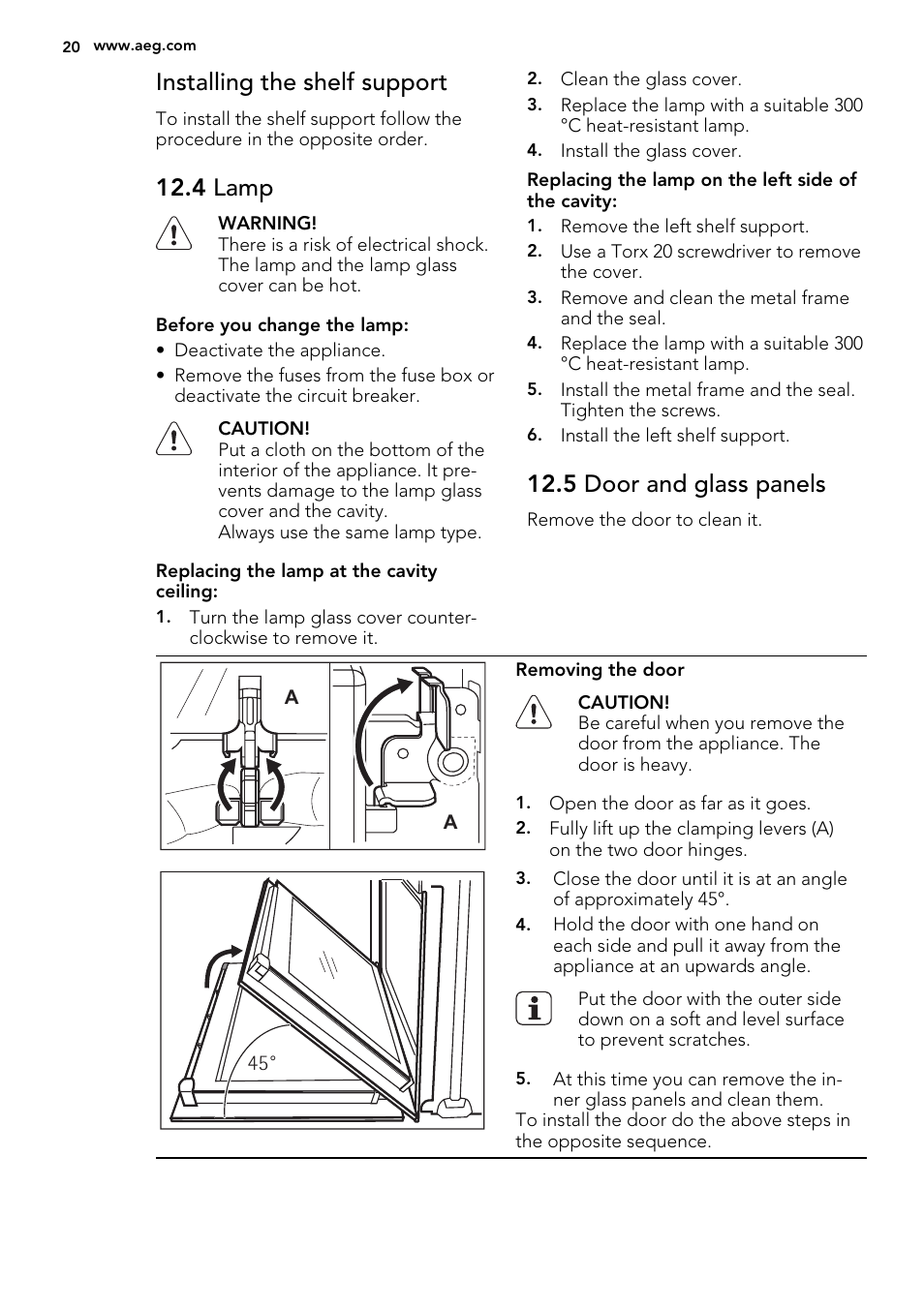 Installing the shelf support, 4 lamp, 5 door and glass panels | AEG KE8404001M User Manual | Page 20 / 32