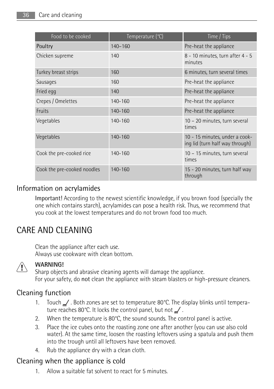 Care and cleaning, Information on acrylamides, Cleaning function | Cleaning when the appliance is cold | AEG HC411520GB User Manual | Page 36 / 76