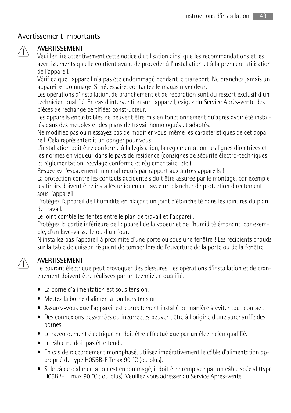 Avertissement importants | AEG HC411520GB User Manual | Page 43 / 76