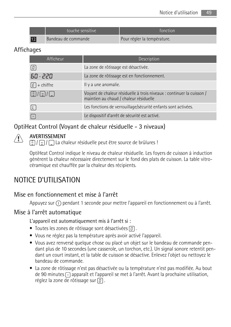 Notice d'utilisation, Affichages, Mise en fonctionnement et mise à l'arrêt | Mise à l'arrêt automatique | AEG HC411520GB User Manual | Page 49 / 76