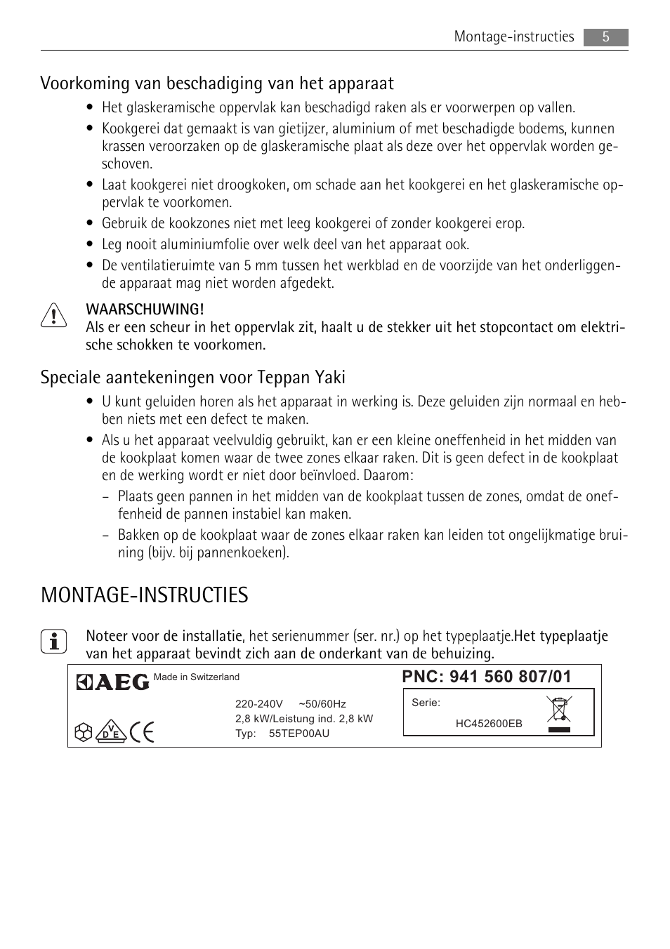 Montage-instructies, Voorkoming van beschadiging van het apparaat, Speciale aantekeningen voor teppan yaki | AEG HC411520GB User Manual | Page 5 / 76