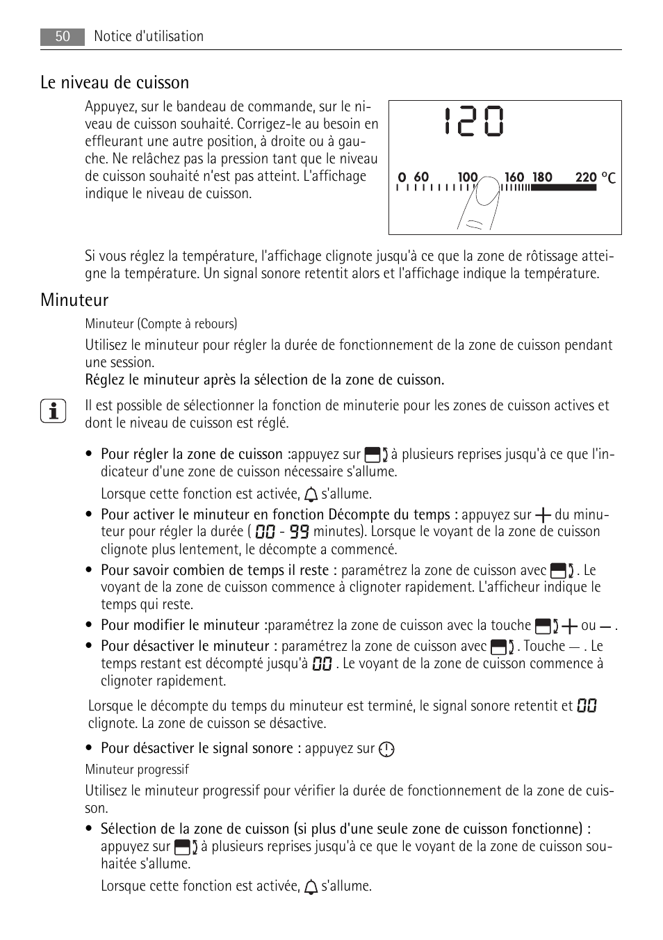 Le niveau de cuisson, Minuteur | AEG HC411520GB User Manual | Page 50 / 76