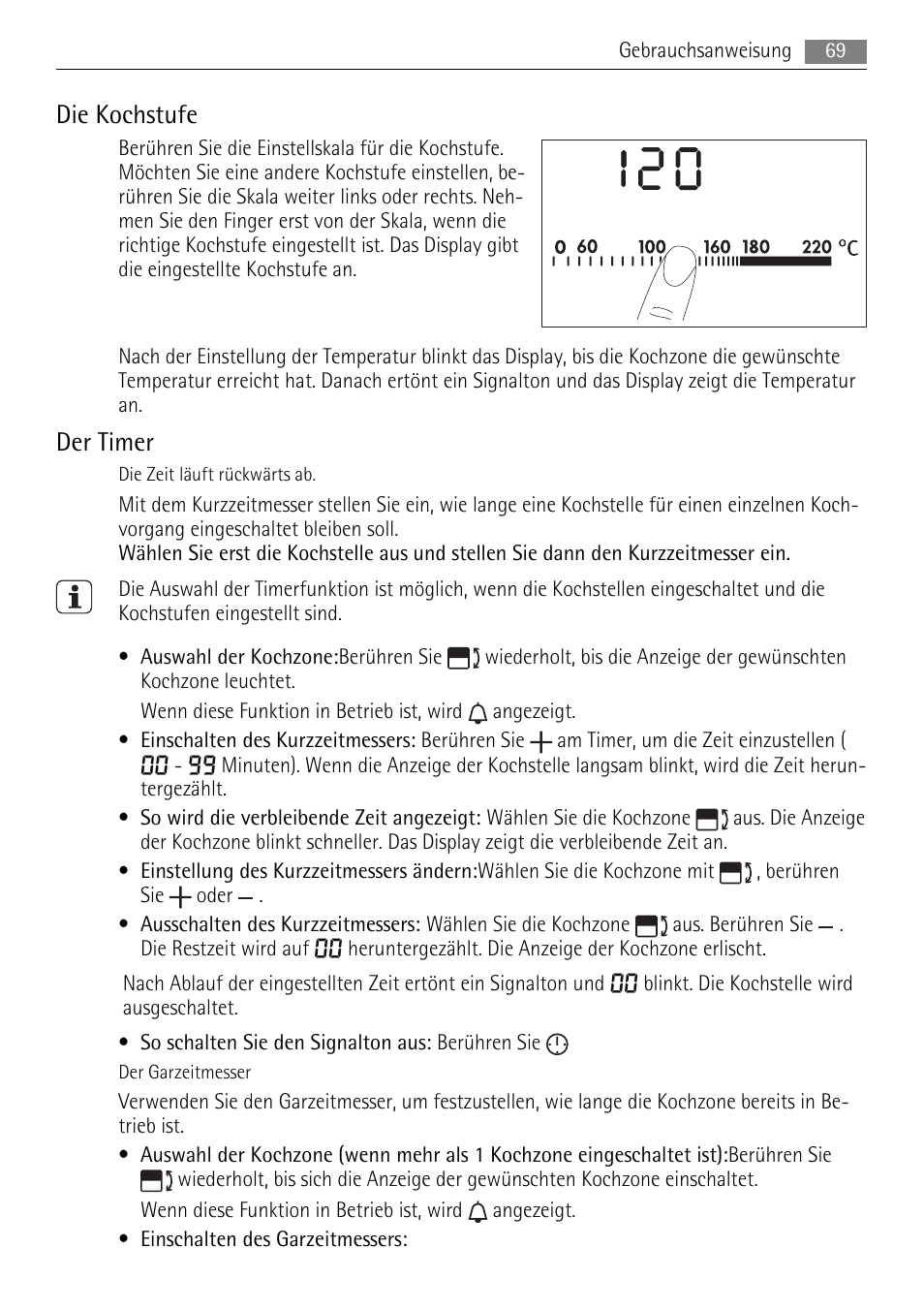 Die kochstufe, Der timer | AEG HC411520GB User Manual | Page 69 / 76