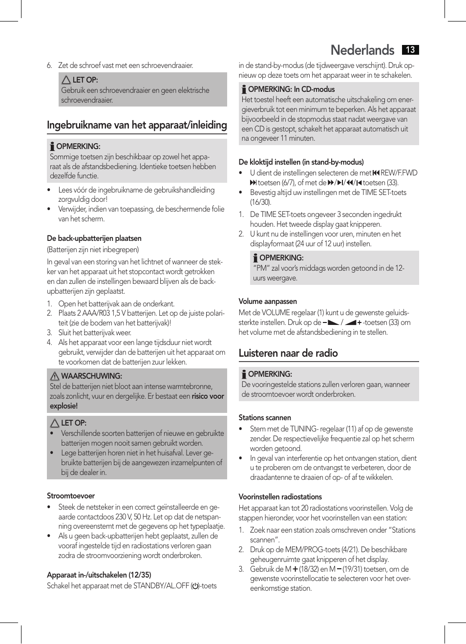 Nederlands, Ingebruikname van het apparaat/inleiding, Luisteren naar de radio | AEG KRC 4355 CD User Manual | Page 13 / 66