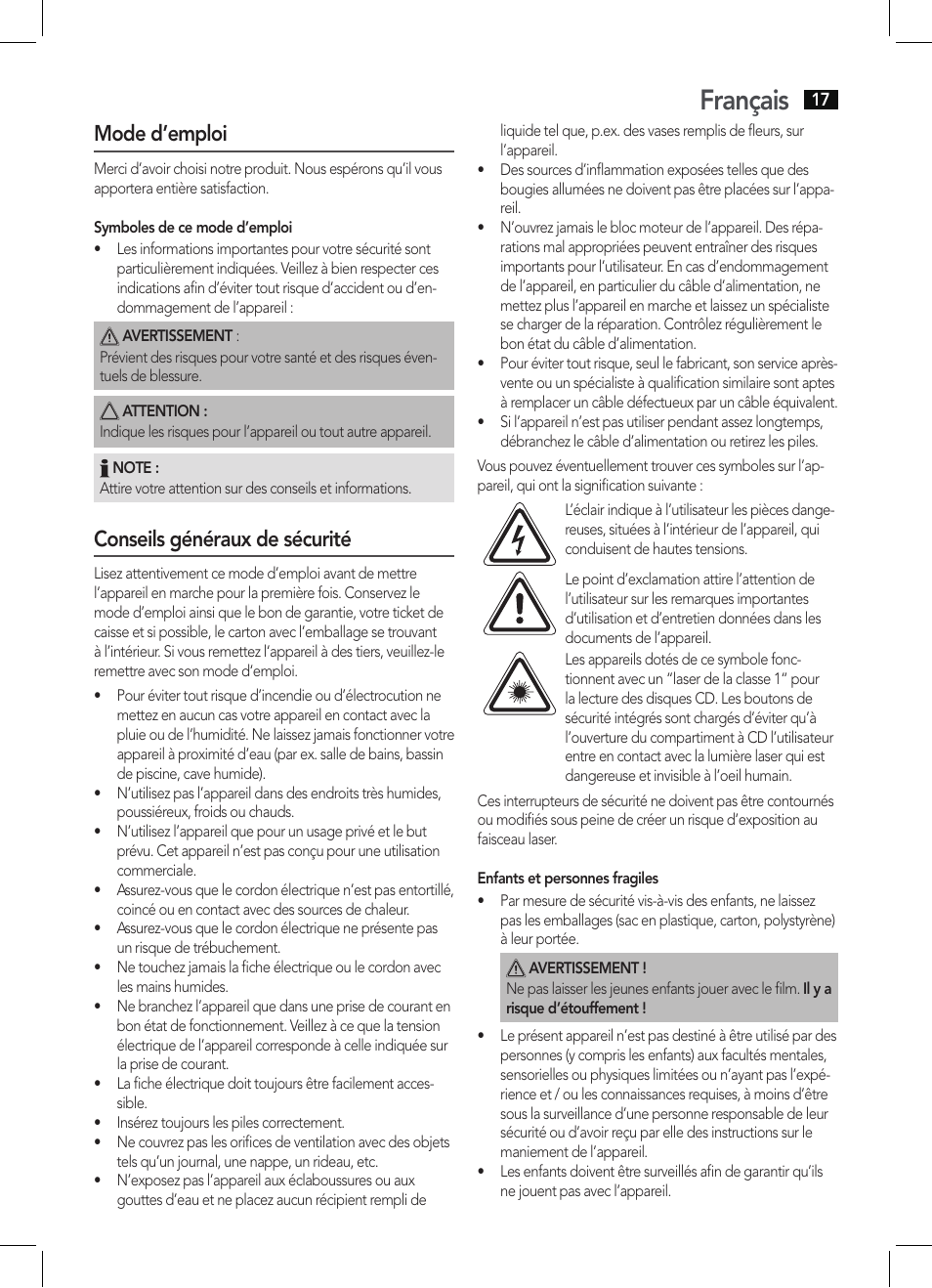 Français, Mode d’emploi, Conseils généraux de sécurité | AEG KRC 4355 CD User Manual | Page 17 / 66
