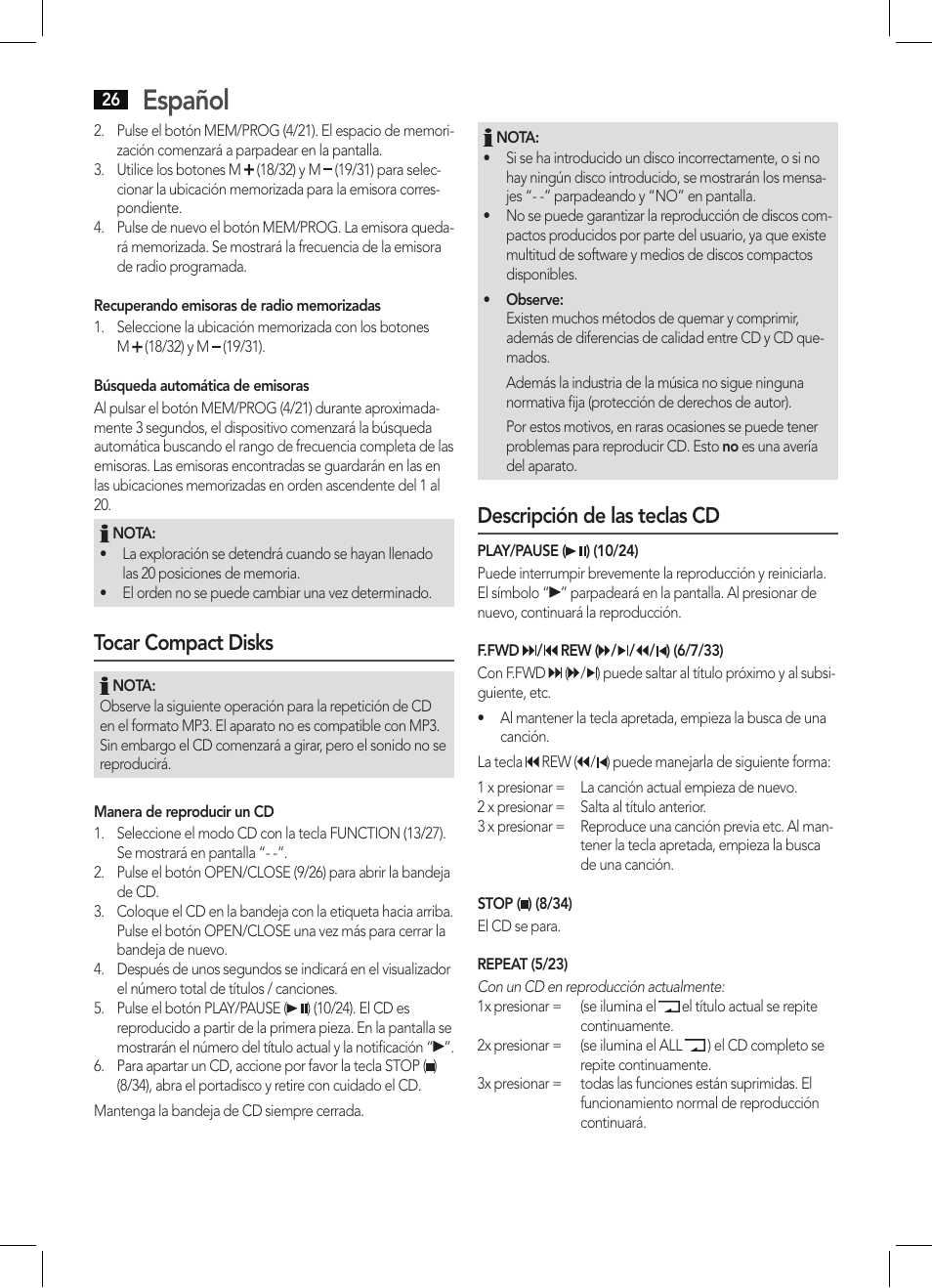 Español, Tocar compact disks, Descripción de las teclas cd | AEG KRC 4355 CD User Manual | Page 26 / 66