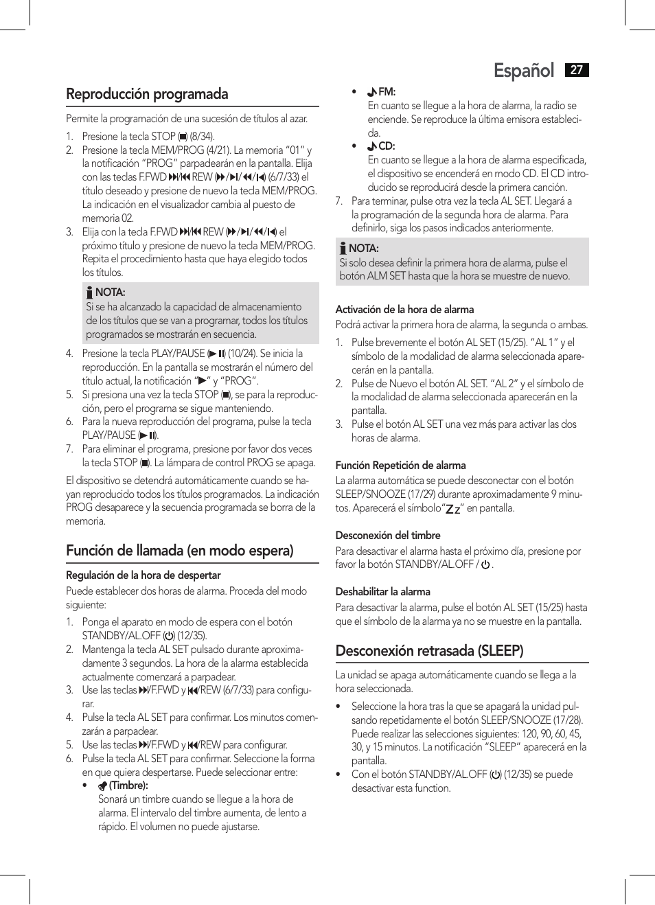 Español, Reproducción programada, Función de llamada (en modo espera) | Desconexión retrasada (sleep) | AEG KRC 4355 CD User Manual | Page 27 / 66