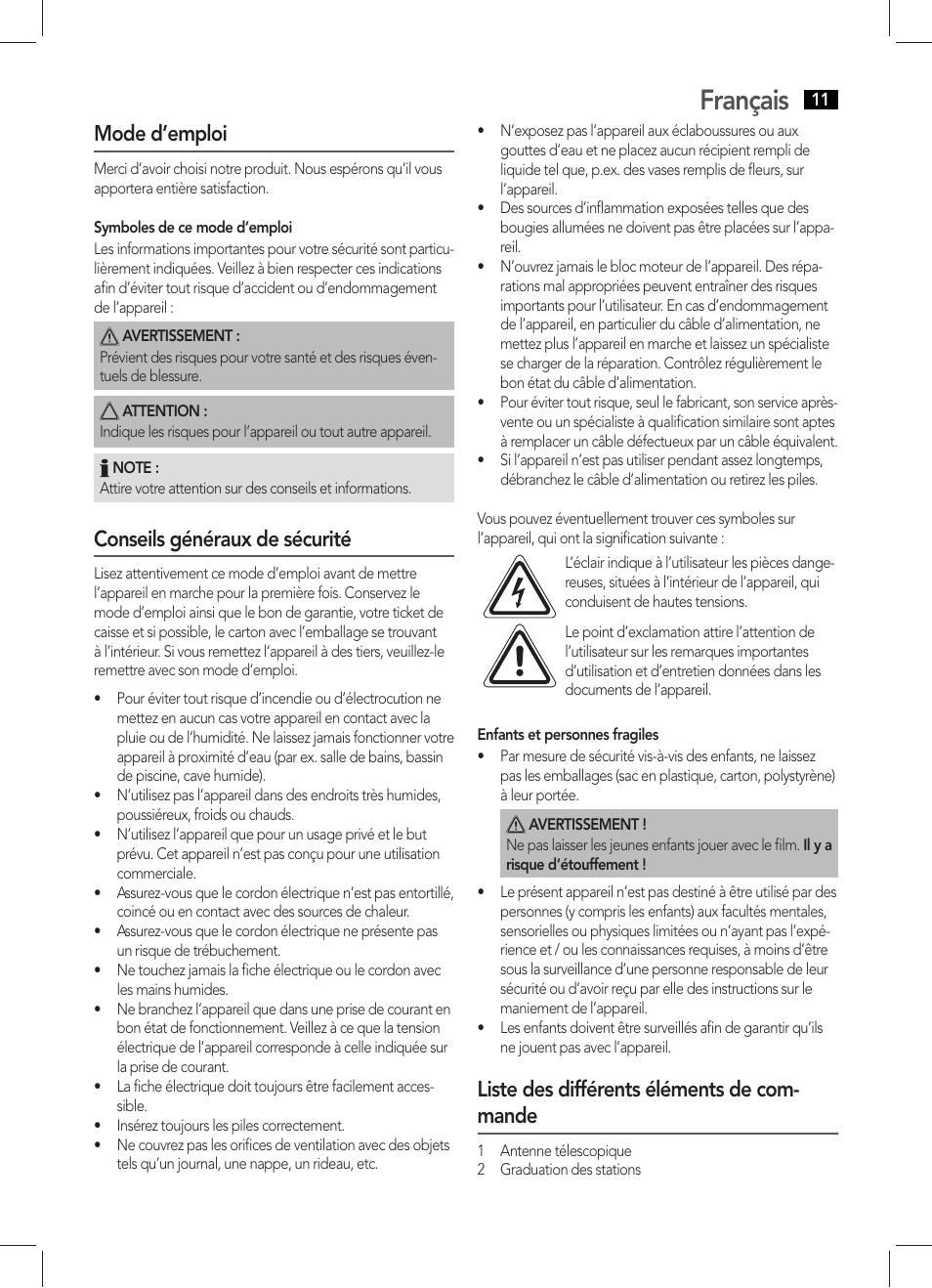Français, Mode d’emploi, Conseils généraux de sécurité | Liste des différents éléments de com- mande | AEG TR 4131 User Manual | Page 11 / 38