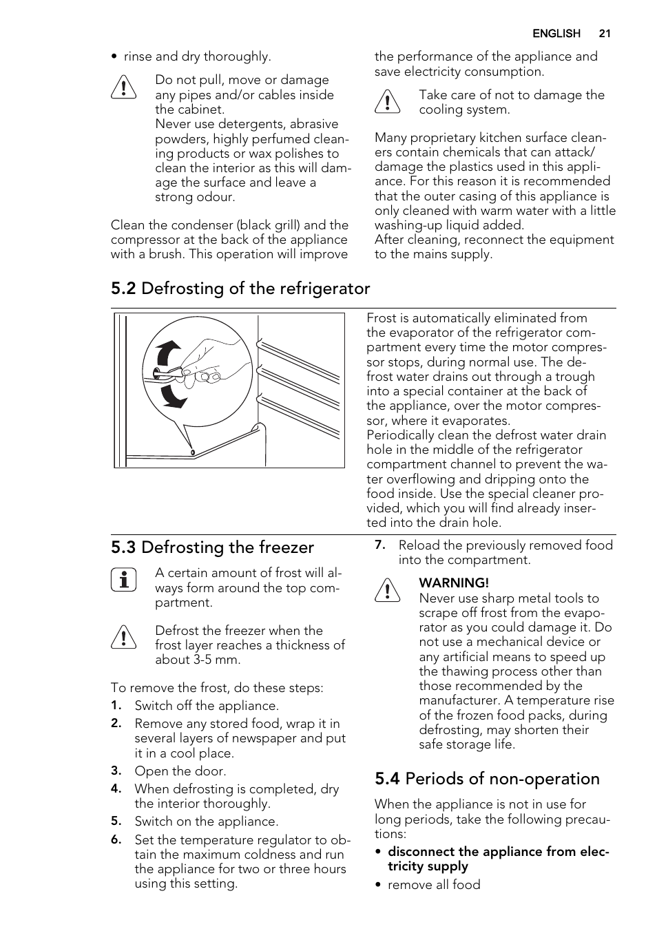 2 defrosting of the refrigerator, 3 defrosting the freezer, 4 periods of non-operation | AEG SKS51000S0 User Manual | Page 21 / 56