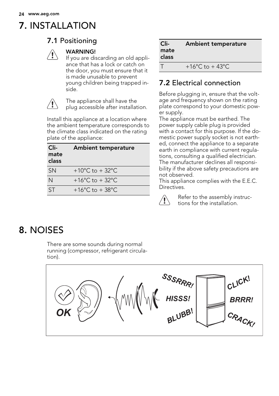 Installation, Noises | AEG SKS51000S0 User Manual | Page 24 / 56