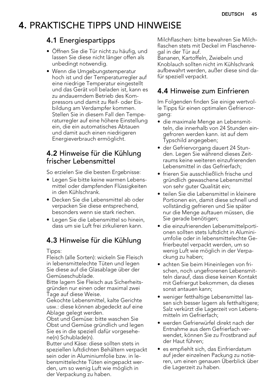 Praktische tipps und hinweise, 1 energiespartipps, 2 hinweise für die kühlung frischer lebensmittel | 3 hinweise für die kühlung, 4 hinweise zum einfrieren | AEG SKS51000S0 User Manual | Page 45 / 56