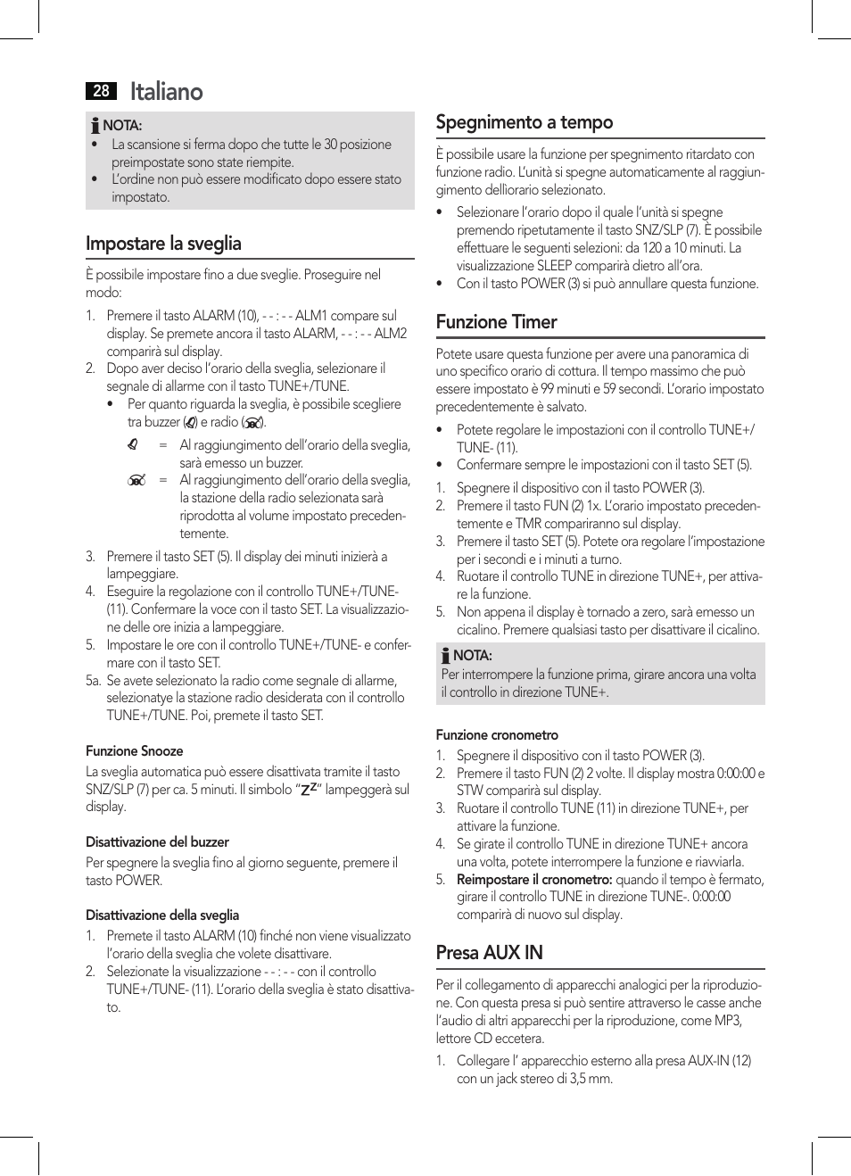Italiano, Impostare la sveglia, Spegnimento a tempo | Funzione timer, Presa aux in | AEG KRC 4344 User Manual | Page 28 / 58
